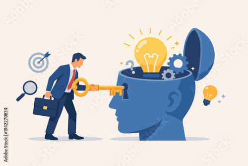 Businessman Unlocking Creative Potential and New Business Ideas with a Golden Key into a Human Head, Concept of Innovation, Problem Solving, Strategic Thinking, and Finding New Opportunities.