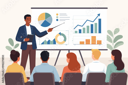 Professional business coach presenting financial growth charts and data analysis reports to a diverse group of employees during a corporate seminar, training session, or office meeting.