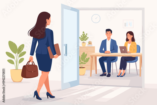 Business Woman Entering Office for Job Interview with HR Managers. Professional Candidate Walking Through Door for Career Opportunity. Flat Vector Illustration of Recruitment and Hiring Process.