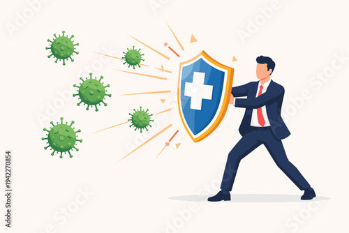 Businessman Holding a Medical Shield with a Cross to Protect Against Green Virus Particles, Concept of Health Insurance, Immunity Defense, and Safety During a Pandemic Outbreak Illustration.