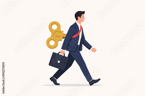 Businessman Walking with a Large Gold Wind-up Key in His Back, Concept of Corporate Burnout, Lack of Motivation, and Mechanical Routine, Flat Vector Illustration of an Exhausted Professional Employee