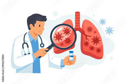 Professional doctor examining human lungs infected with coronavirus using a magnifying glass and holding a vaccine vial, medical research, respiratory health, and COVID-19 treatment illustration.