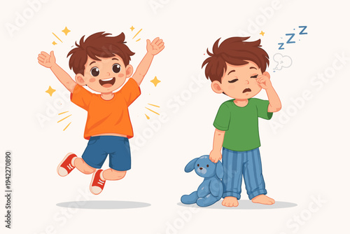 Cute vector illustration of a happy energetic boy jumping with joy in an orange shirt versus a tired sleepy child in green pajamas yawning and holding a stuffed toy, showing opposite emotions.