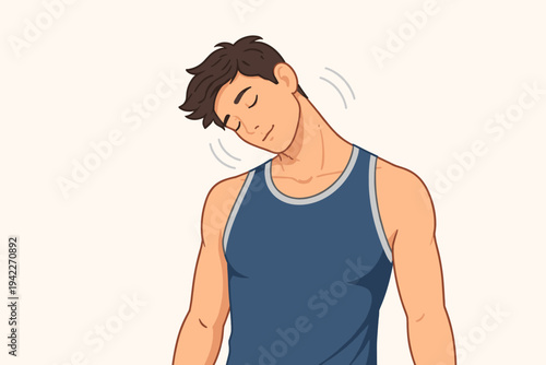 Simple flat vector illustration of a young man performing neck roll exercises to stretch muscles and warm up before a workout. Ideal for fitness, health, wellness, and physical therapy themes.