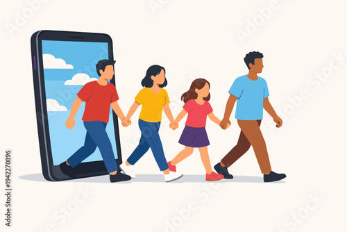 Flat Vector Illustration of a Diverse Group of People and Family Holding Hands and Walking Out of a Smartphone Screen into the Real World, Representing Digital Detox and Offline Connection