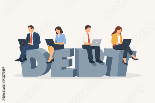 Vector illustration of professional businesspeople working on laptops while sitting on the word DEBT, symbolizing financial burden, corporate liability, economic crisis, and credit pressure.