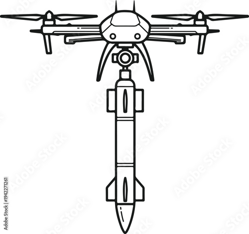 Military surveillance drone carrying large missile payload outline vector illustration for defense technology and modern warfare concept art