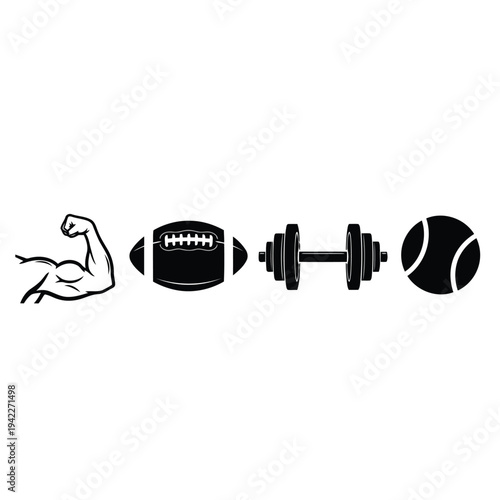 Illustration of sports icons with football, dumbbell, tennis ball and flexed arm on vector