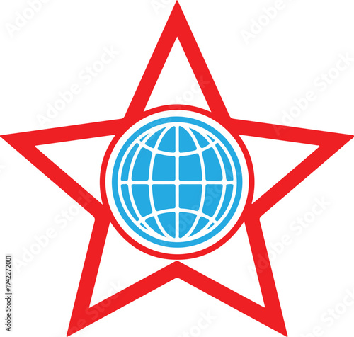 Red star encompassing a blue globe with grid pattern on a transparent background representing global community or international reach