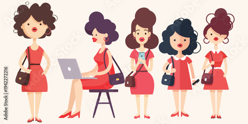 Five women in red dresses standing and sitting with laptops and handbags in a stylish illustration
