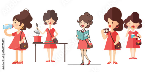 Illustration of a woman in red dress engaging in various activities