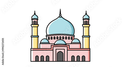 Mosque with Minarets and Domes Illustration.