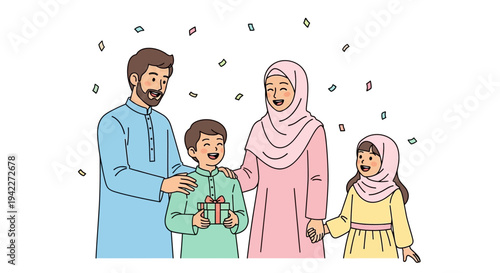 Muslim Family with Children Celebrating Eid.
