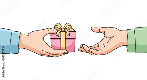Hands Exchanging Gift Box with Ribbon.