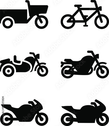 Black silhouettes of various motorcycles and a bicycle on white background