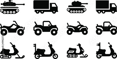 Black silhouettes of various vehicles on white background vehicle silhouettes black white background
