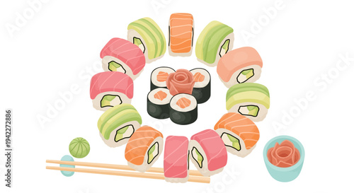 Assorted Sushi Rolls and Chopsticks Arrangement.