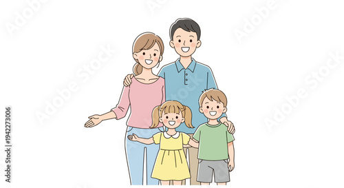 Happy Family with Two Children Standing Together.