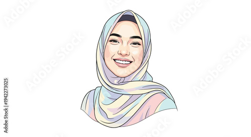 Young Muslim Woman Wearing Hijab Portrait Illustration.