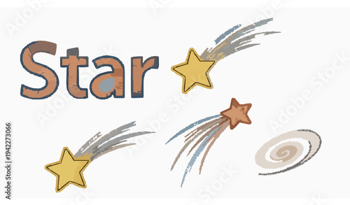 Embroidered space elements with word star vector set