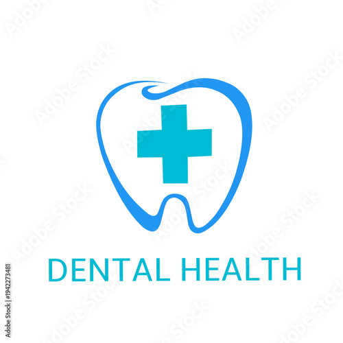 Professional dental health logo featuring a blue stylized tooth outline with a medical cross. Modern vector icon for stomatology clinics, oral hygiene products, and dentistry services