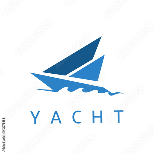 Modern blue yacht logo featuring a minimalist sailboat silhouette and abstract waves. Geometric vector design ideal for maritime transport, luxury boat charters, and nautical travel branding