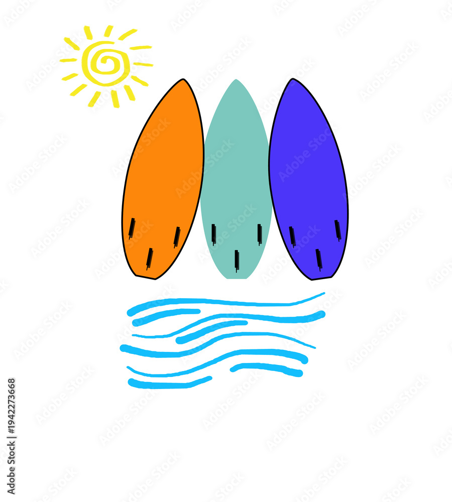 Naklejka premium Sun, Waves and Surfboards on a white background .