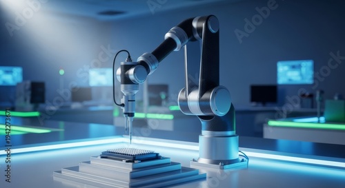 Advanced robotic arm precisely prepares DNA sequencing samples using microplates in an ultra-sterile, high-tech biomedical research facility, accurate, detailed, molecular