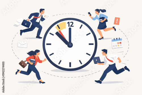 Busy Business People Running Around a Large Clock Representing Deadline Pressure and Office Life. Flat Vector Illustration of Employees Multitasking and Managing Time Under Stressful Conditions.