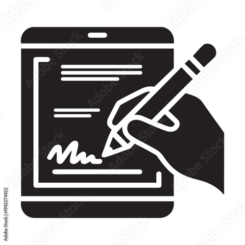 A stylized glyph depicting a hand signing a document on a smartphone screen