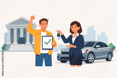 Vector illustration of a man celebrating an approved car loan with a female salesperson handing him keys to a new silver sedan in front of a bank building; concept of auto finance and purchase.