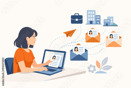Flat vector illustration of a woman sitting at a laptop, sending her resume and CV to multiple employers and companies, representing job hunting, online application, and career recruitment.