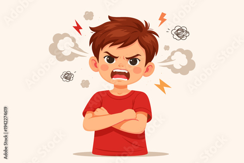 Angry young boy vector illustration showing a furious child with crossed arms and steam coming out of his ears, expressing intense frustration, temper tantrums, rage, and negative emotions.