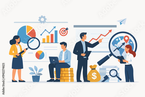 Professional business team conducting market research and data analysis with financial charts, graphs, and global strategy. Flat vector illustration of corporate growth and success planning.