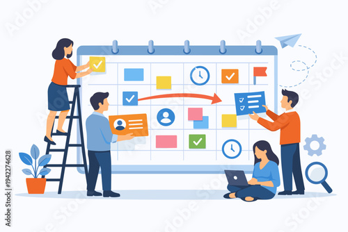 Business Team Collaborating on a Large Calendar for Project Management, Scheduling Operations, Employee Assignments, and Organizing Tasks with Sticky Notes, Checklists, and Time Management Icons.
