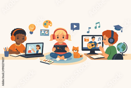 Flat vector illustration of diverse children learning online. Kids using laptops and tablets for remote education, watching video tutorials for science, music, and art in a home school setting.
