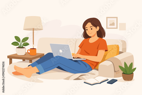 Woman working on laptop while sitting on a comfortable sofa at home, remote work and freelance concept, cozy living room interior with plants and coffee, simple flat vector illustration.