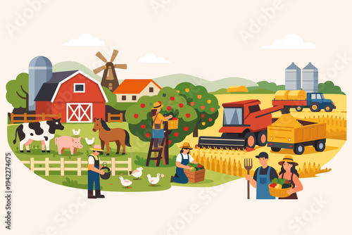 Flat vector illustration of a productive agricultural farm featuring a red barn, windmill, apple orchard, grain harvest machinery, livestock like cows and horses, and farmers working the land.