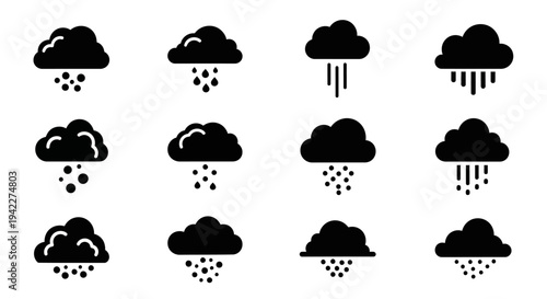 Collection of weather icons depicting various cloud and rain conditions in black silhouette
