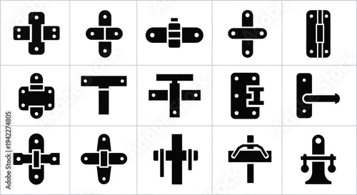 Collection of various black metal hardware icons on white background displayed in a grid arrangement