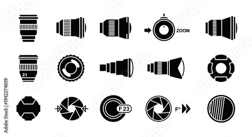 Collection of Camera Lens Icons in Various Styles and Designs
