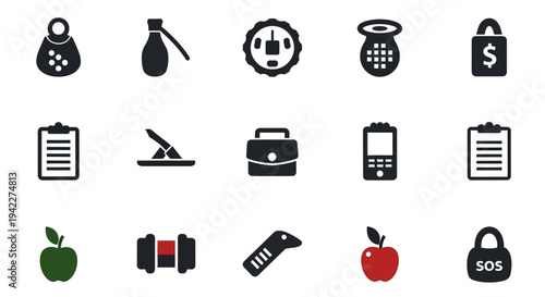 Collection of various monochrome icons representing fitness, finance, and nutrition on a clean white background viewed from directly above