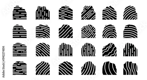 Collection of Various Black Fingerprints with Unique Stripe Patterns on a Clean Surface