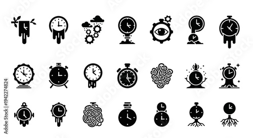 Collection of various clock and time-related icons displayed on stands in a grid pattern