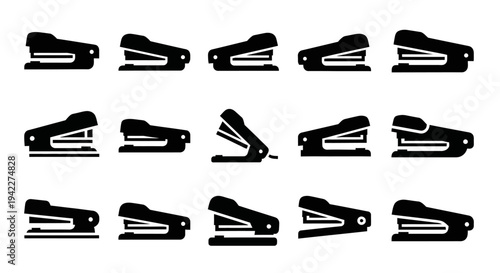 Collection of black binder clips arranged in three rows on a plain white background viewed from directly above