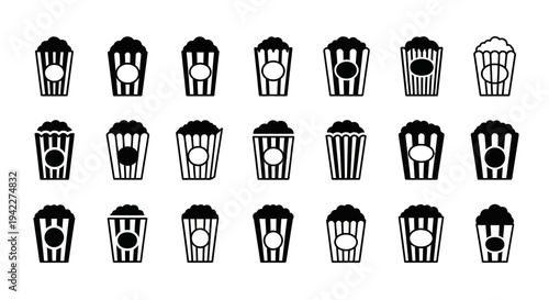 Collection of twenty assorted black and white popcorn bucket icons arranged in four rows on a plain white background.