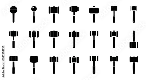 Collection of various dumbbell icons displayed in a grid arrangement on a plain background from a straightforward viewpoint
