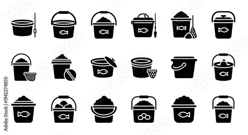 Collection of black and white kitchen utensil icons featuring various pots and pans on a white background from a straightforward viewpoint