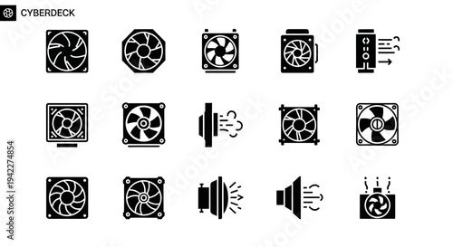 Collection of various computer hardware components and icons for cooling systems and peripherals displayed on a plain background
