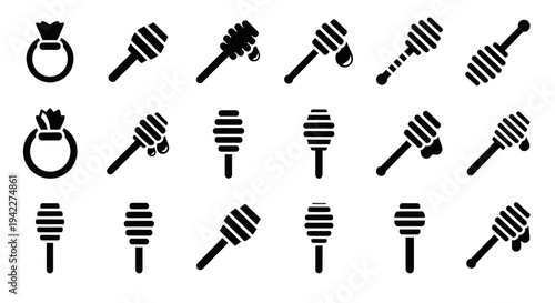 Collection of various honey dippers and rings in black illustration style on a clean background
